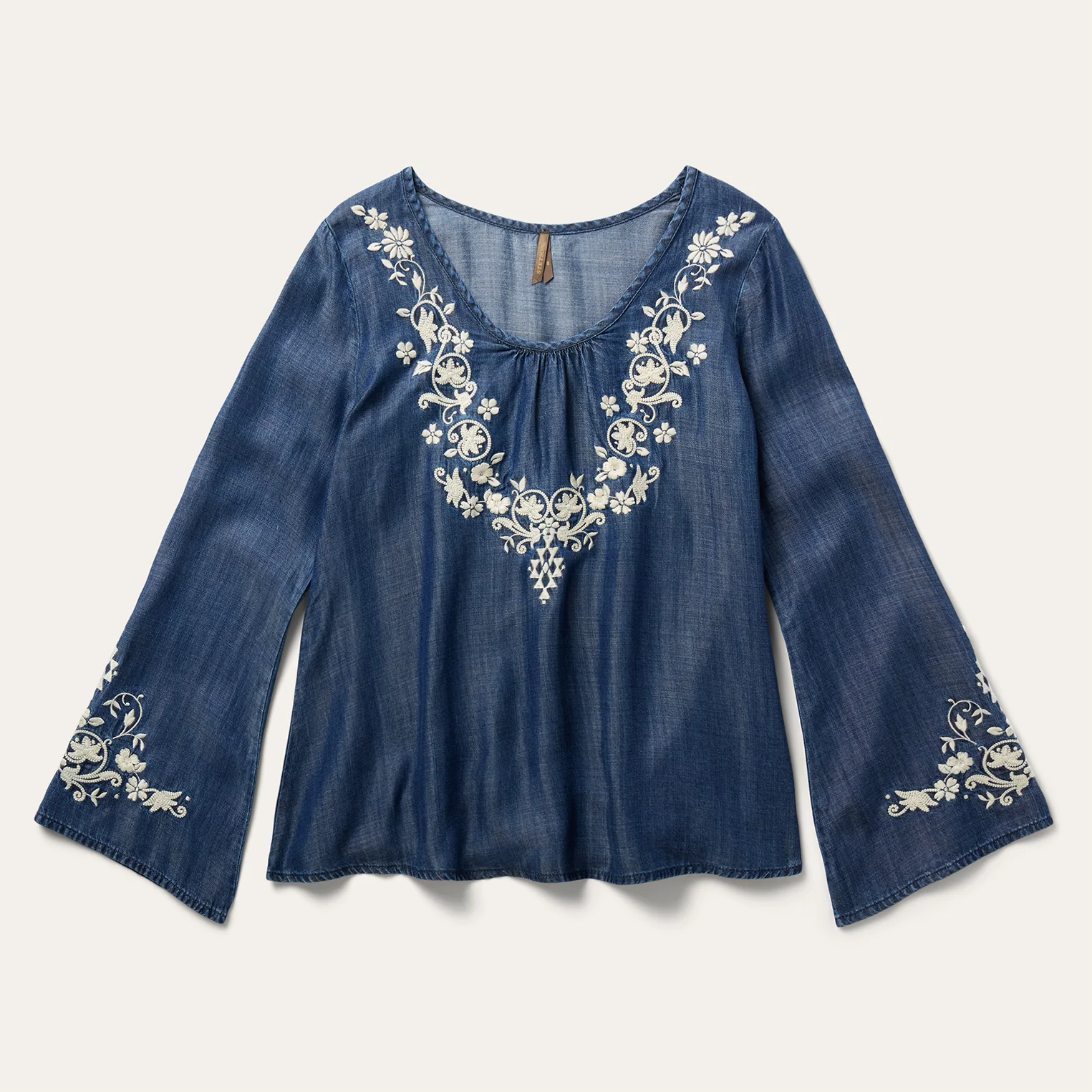Embroidered Denim Peasant Blouse