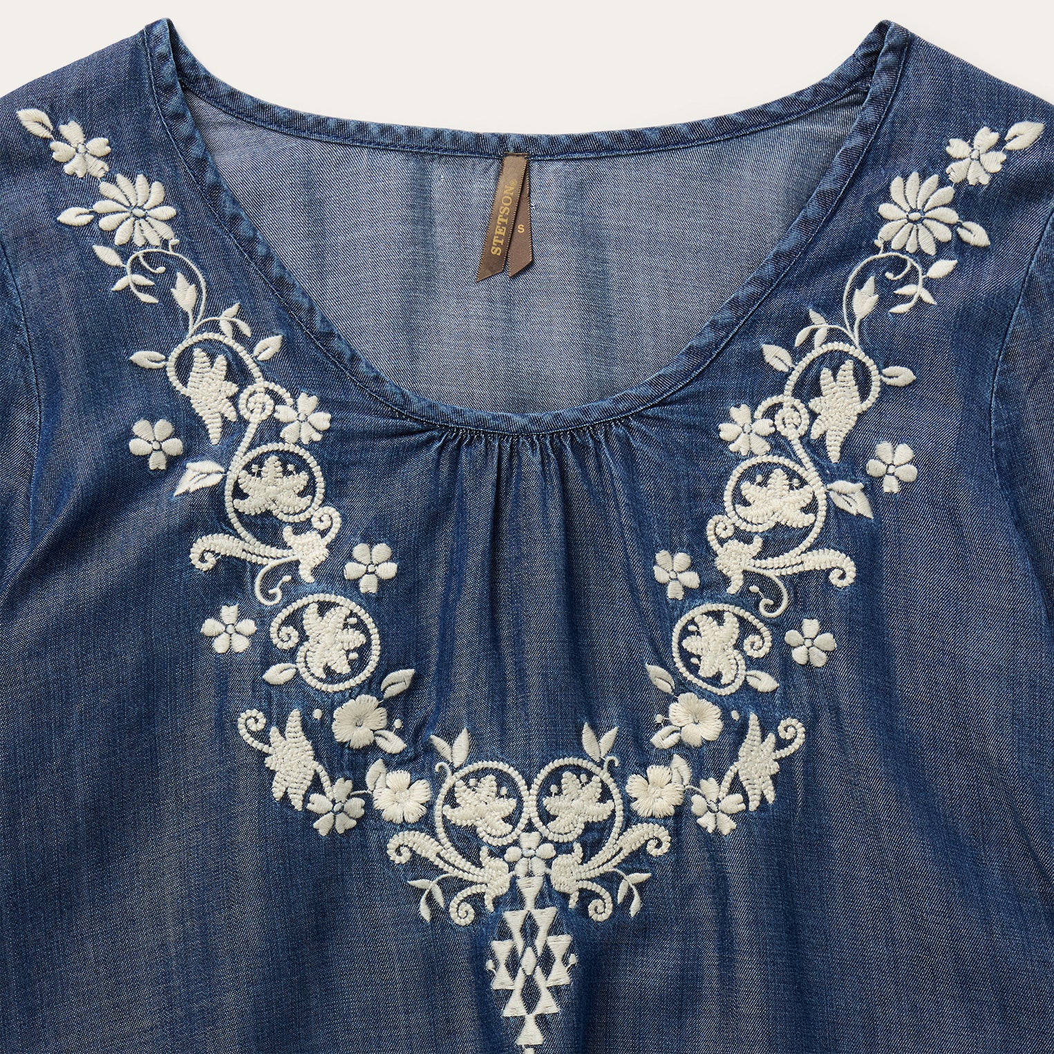 Embroidered Denim Peasant Blouse